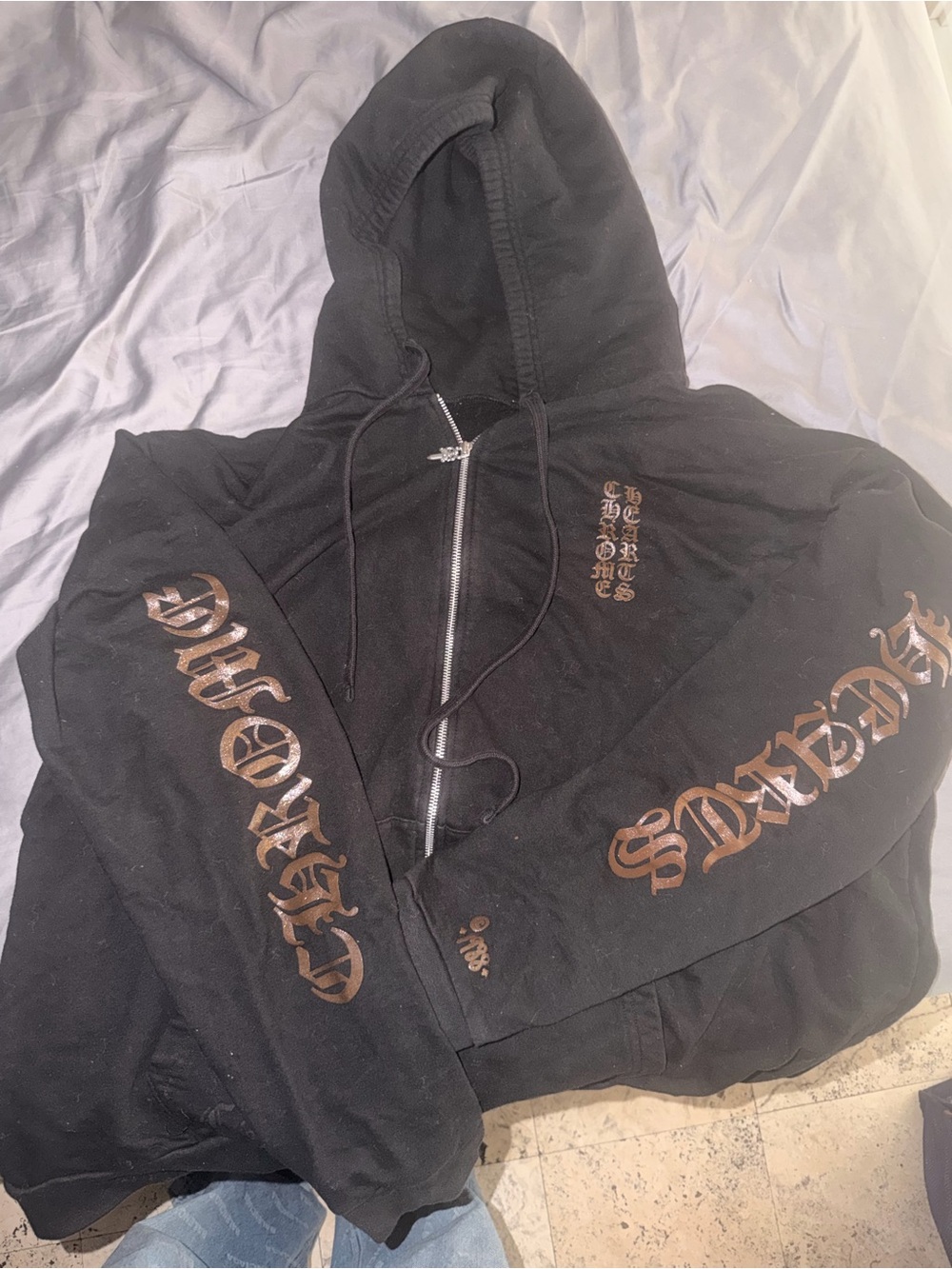 Chrome Hearts Black Hoodie with Bronze Gothic Sleeve Print